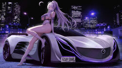Rule 34 | 1girl, absurdres, ahoge, alternate costume, arm support, azur lane, bare shoulders, breasts, building, car, cityscape, commentary, elbow gloves, full body, gloves, hair between eyes, hair over one eye, high heels, highres, kcar66t, kneehighs, large breasts, leotard, location request, long hair, looking at viewer, mazda, mazda furai, motor vehicle, multicolored hair, night, outdoors, parted lips, purple eyes, purple hair, race queen, shadow, sidelocks, sitting, sitting on car, skindentation, skyscraper, socks, solo, sports car, streaked hair, underboob, unzen (azur lane), very long hair, white footwear, white gloves, white hair, white leotard, white socks