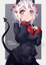 1girl, absurdres, arm up, black horns, black miniskirt, black suit, black tail, blush, breasts, closed mouth, demon girl, demon horns, demon tail, gradient, gradient background, heart, heart-shaped pupils, helltaker, highres, horns, large breasts, long sleeves, looking at viewer, miniskirt, modeus (helltaker), red eyes, red sweater, ribbed sweater, same (sendai623), shirt, short hair, solo, sweater, symbol-shaped pupils, tail, turtleneck, white hair