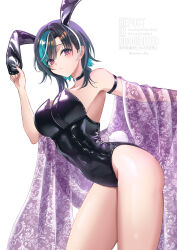 1girl :&lt; animal_ear_hairband animal_ears aqua_hair bare_legs bare_shoulders black_choker black_hair blush braid breasts bright_pupils choker english_text fake_animal_ears floral_print hairband highleg highleg_leotard highres hololive hololive_dev_is large_breasts leaning_forward leotard looking_at_viewer medium_hair mole mole_on_neck multicolored_hair print_shawl purple_shawl rabbit_ear_hairband rabbit_ears rabbit_tail red_eyes rindo_chihaya shawl simple_background solo strapless strapless_leotard streaked_hair suzuori_fika tail thick_thighs thighs twitter_username virtual_youtuber white_background white_hair white_pupils