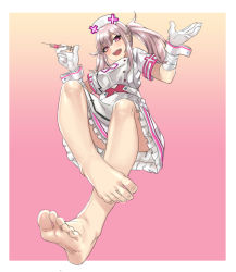 Rule 34 | 1girl, asymmetrical bangs, bandaged arm, bandages, barefoot, blunt bangs, breasts, commentary, dress, eiji (eiji), feet, foot focus, full body, gloves, gradient background, hair between eyes, hat, highres, holding, holding syringe, large breasts, long hair, looking at viewer, mole, mole under eye, nijisanji, nurse cap, outside border, silver hair, soles, solo, sukoya kana, syringe, toenails, toes, twintails, virtual youtuber, white hat, white wrist cuffs, wrist cuffs