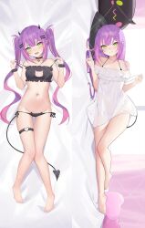 Rule 34 | 1girl, bare legs, barefoot, bed sheet, black bra, black choker, blush, bra, bracelet, breasts, cat lingerie, choker, collarbone, commentary request, dakimakura (medium), demon girl, demon horns, demon tail, dress, feet, frilled bra, frills, full body, green eyes, green nails, hair ornament, hairclip, hands up, head tilt, highres, hololive, horns, indoors, jewelry, jmao, knees together feet apart, legs, legs together, lying, medium breasts, meme attire, multicolored hair, multiple views, nail polish, navel, navel piercing, o-ring, o-ring thigh strap, off-shoulder dress, off shoulder, on back, on side, open mouth, panties, piercing, pillow, pink hair, pink nails, purple hair, shiny skin, short dress, side-tie panties, sidelocks, sleepwear, strap pull, streaked hair, tail, tail ornament, tail piercing, teeth, thigh strap, toes, tokoyami towa, twintails, underwear, upper teeth only, virtual youtuber, watermark