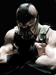 Rule 34 | 1boy, artist request, bald, bane, batman (series), crossed arms, dc comics, eljihsoahz, closed eyes, head down, highres, male focus, mask, muscular, painterly, realistic, signature, solo, tank top, the dark knight rises