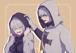 Rule 34 | 1boy, 1girl, black-framed eyewear, blue eyes, chestnut mouth, closed eyes, commentary, drop shadow, fate/grand order, fate (series), glasses, gloves, grey gloves, grey hair, grey jacket, hand on another&#039;s head, hood, hood up, inset border, jacket, jacques de molay (foreigner) (fate), jacques de molay (foreigner) (first ascension) (fate), jacques de molay (saber) (fate), long sleeves, rectangular eyewear, scolding, short hair, shouting, simple background, sweat, upper body, yellow background, zanshi