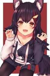 Rule 34 | 1girl, absurdres, animal ear fluff, animal ears, bent over, black hair, black hoodie, black pantyhose, black shorts, blush, breasts, claw pose, cleavage, commentary, cowboy shot, hair ornament, highres, hololive, hood, hoodie, huge filesize, long hair, long sleeves, looking at viewer, medium breasts, multicolored hair, ookami mio, ookami mio (casual), open mouth, orange eyes, pantyhose, red background, red hair, short shorts, shorts, simple background, smile, solo, streaked hair, tail, two-tone hair, two-tone hoodie, virtual youtuber, vr inaba, white hoodie, wolf ears, wolf tail