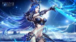 Rule 34 | 1girl, armor, artist request, bikini armor, blue eyes, blue hair, breasts, bustier, cleavage, hair ornament, large breasts, league of angels, league of angels ii, long hair, midriff, navel, outstretched arm, realistic, solo, staff, very long hair