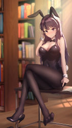 Rule 34 | 1girl, absurdres, animal ears, black footwear, black hair, black pantyhose, blush, book, bow, bowtie, breasts, chinese commentary, cleavage, closed mouth, covered navel, crossed legs, desk, detached collar, fake animal ears, full body, hair ornament, hairclip, hand up, high heels, highres, indoors, kong ting, large breasts, legs, leotard, library, long hair, looking at viewer, on desk, pantyhose, playboy bunny, pout, purple eyes, rabbit ears, rabbit hair ornament, rabbit tail, sakurajima mai, seishun buta yarou, shelf, shoes, single shoe, sitting, on desk, solo, straight hair, tail, thighs, v-shaped eyebrows, wooden floor, wrist cuffs