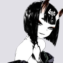 Rule 34 | 1girl, bob cut, eyelashes, eyeliner, fang, fate/grand order, fate (series), grey background, hair ornament, horns, japanese clothes, makeup, monochrome, oni, open mouth, short eyebrows, short hair, shuten douji (fate), simple background, skin-covered horns, solo, spot color, susumu, thick eyebrows, upper body