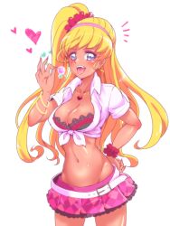 Rule 34 | 1girl, :p, alternate costume, amesuku gyaru, asahina mirai, blonde hair, blush, breasts, candy, cleavage, commentary request, corruption, cure miracle, eyelashes, food, gyaru, hair ornament, hairband, happy, heart, high ponytail, high side ponytail, holding, holding candy, holding food, holding lollipop, kogal, large breasts, lollipop, looking at viewer, magical girl, mahou girls precure!, miniskirt, navel, open mouth, pink skirt, ponytail, precure, purple eyes, shirt, side ponytail, simple background, skirt, smile, solo, standing, tj-type1, tongue, tongue out, white background, white shirt, wrist cuffs