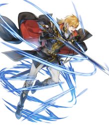 Rule 34 | 1boy, angry, ares (fire emblem), ascot, attack, black cape, black capelet, black coat, black footwear, blonde hair, boots, cape, capelet, coat, collar, energy, fire emblem, fire emblem: genealogy of the holy war, fire emblem heroes, full body, highres, holding, holding sword, holding weapon, lips, looking to the side, male focus, medium hair, mystletainn, nintendo, official art, open mouth, p-nekor, pants, scowl, serious, sheath, shoulder pads, sidelocks, solo, sword, teeth, transparent background, weapon, white pants, yellow eyes