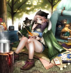 Rule 34 | 1girl, animal, banana, bandaid, camping, card, cat, cellphone, chopsticks, egg, flashlight, food, fruit, grass, hat, highres, jacket, jacket on shoulders, makurao, mouth hold, nature, noodles, original, outdoors, overalls, phone, pink hair, playing card, pot, ramen, scarf, shoes, sitting, smartphone, sweater, tent