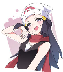 Rule 34 | 1girl, beanie, blue eyes, blue hair, blush, bright pupils, creatures (company), dark blue hair, dawn (pokemon), game freak, hat, ixy, long hair, looking at viewer, nintendo, open mouth, pokemon, pokemon dppt, red scarf, scarf, sleeveless, smile, solo, upper body, white hat, white pupils