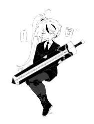 Rule 34 | 1boy, ahoge, boots, chain, collared shirt, cosplay, greatsword, greyscale, highres, holding, holding sword, holding weapon, knee pads, library of ruina, lock, long hair, male focus, meijiichigo, monochrome, multicolored hair, necktie, pantyhose, project moon, shirt, shorts, side ponytail, solo, streaked hair, sword, tamaki (project moon), tamaki (project moon) (cosplay), very long hair, weapon, wing collar, yan vismok