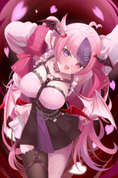 Rule 34 | 1girl, ahoge, arm up, black skirt, black thighhighs, blush, breasts, chest belt, choker, cropped jacket, demon girl, demon tail, demon wings, hair ornament, head wings, heart, heart ahoge, heart belt, heart hair ornament, heart o-ring, ironmouse, ironmouse (13th costume), jacket, large breasts, long hair, looking at viewer, mujinbensin, multicolored hair, multiple wings, o-ring, o-ring choker, open mouth, pink hair, pink jacket, pink shirt, purple eyes, purple hair, red eyes, shirt, single thighhigh, skirt, smile, streaked hair, tail, thighhighs, virtual youtuber, vshojo, wings
