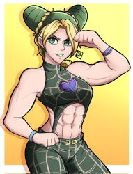 Rule 34 | 1girl, abs, blonde hair, braid, breasts, clenched hands, commentary, crown braid, double bun, earrings, english commentary, green eyes, green hair, green lips, hair bun, highres, jewelry, jojo no kimyou na bouken, kermittend, kuujou jolyne, looking at viewer, medium breasts, multicolored hair, muscular, muscular female, navel, parted bangs, sleeveless, solo, star (symbol), star earrings, stomach, stone ocean, two-tone hair, wristband