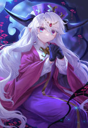 Rule 34 | 1girl, absurdres, black gloves, blue eyes, closed mouth, diadem, dress, gloves, hat, highres, horns, interlocked fingers, long dress, long sleeves, looking at viewer, multicolored eyes, original, own hands together, pink eyes, purple dress, seiza, shichigatsu, sitting, smile, solo, wide sleeves