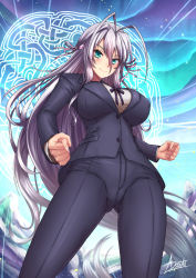 Rule 34 | 1girl, adsouto, antenna hair, aqua eyes, blue eyes, breasts, business suit, formal, hair ribbon, high school dxd, highres, large breasts, long hair, looking at viewer, pant suit, pants, ribbon, rossweisse, silver hair, smile, suit, thighhighs, very long hair