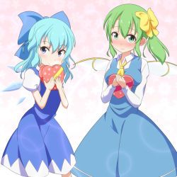 Rule 34 | 2girls, ascot, blue dress, blue eyes, blue hair, blush, bow, box, c:, candy, carrying, cato (monocatienus), chocolate, chocolate heart, cirno, daiyousei, dress, food, gift, gift box, green eyes, green hair, hair bow, hair ribbon, heart, ice, ice wings, long hair, looking at viewer, multiple girls, ribbon, side ponytail, smile, touhou, wings
