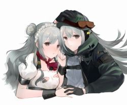 Rule 34 | 1girl, arm up, bad id, bad pixiv id, black gloves, blush, chilli 646, closed mouth, double bun, g11 (girls&#039; frontline), girls&#039; frontline, gloves, green jacket, grey eyes, grey hair, hair between eyes, hair bun, hand grab, hand on own head, hat, jacket, long hair, looking at viewer, maid, maid headdress, open clothes, open jacket, open mouth, shirt, torn clothes, upper body, white background, white shirt