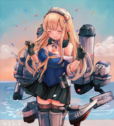 Rule 34 | 1girl, black skirt, black thighhighs, blonde hair, blue eyes, blue shirt, blue sky, breasts, cleavage, closed eyes, cloud, commentary request, commission, confetti, double bun, fletcher (kancolle), fletcher mk ii (kancolle), gradient sky, hair bun, hair ornament, hairband, kantai collection, large breasts, long hair, machinery, neckerchief, off shoulder, orange sky, outdoors, pleated skirt, sailor collar, school uniform, serafuku, shin guards, shirt, skeb commission, skirt, sky, smile, smokestack, solo, standing, star (symbol), star hair ornament, thighhighs, white sailor collar, wss (nicoseiga19993411), yellow neckerchief