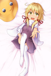 Rule 34 | 1girl, bad id, bad pixiv id, blonde hair, dress, hair ribbon, hat, unworn hat, unworn headwear, high collar, kyuu-fairy000, leg hold, long sleeves, looking at viewer, lying, moriya suwako, on back, on bed, open mouth, outstretched hand, ribbon, short hair, sidelocks, solo, thighhighs, touhou, white thighhighs, wide sleeves, yellow eyes