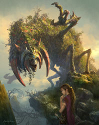Rule 34 | 1girl, armlet, artist name, blue eyes, brown hair, cape, day, fantasy, forehead jewel, grass, hand on own chin, k-takano, long hair, looking at another, monster, moss, mushroom, open mouth, original, outdoors, purple cape, rock, scenery, sheath, sheathed, standing, sword, weapon