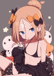 Rule 34 | &lt;o&gt; &lt;o&gt;, 1girl, abigail williams (fate), abigail williams (traveling outfit) (fate), ahoge, animal ears, bandaid, bandaid on face, bandaid on forehead, bare legs, bare shoulders, bikini, black bikini, black bow, black jacket, blonde hair, blue eyes, bow, collarbone, commentary request, crossed bandaids, fate/grand order, fate (series), fou (fate), gamuo, grey background, hair between eyes, hair bow, hair bun, halterneck, heroic spirit traveling outfit, highres, jackal ears, jacket, long sleeves, looking at viewer, medjed (fate), nitocris (fate), off shoulder, official alternate costume, orange bow, parted bangs, polka dot, polka dot bow, ribs, simple background, single hair bun, sitting, sleeves past fingers, sleeves past wrists, solo, star (symbol), stuffed animal, stuffed toy, swimsuit, teddy bear, tentacles