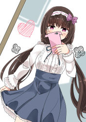 Rule 34 | 1girl, black hair, blouse, blush, bow, cellphone, fate/grand order, fate (series), frilled shirt, frilled skirt, frills, hairband, heart, high-waist skirt, highres, long hair, looking at viewer, low twintails, meme attire, mirror, nagatani (nagata2), osakabehime (fate), phone, purple bow, purple eyes, selfie, shirt, skirt, smartphone, solo, twintails, virgin killer outfit, white shirt