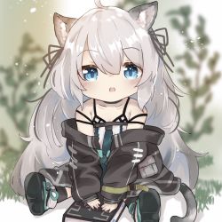 Rule 34 | 1girl, ahoge, animal ears, arknights, bare shoulders, black ribbon, black socks, blue eyes, blue necktie, blurry, blurry background, blush, book, brown jacket, cat, cat ears, cat girl, cat tail, chibi, collarbone, commentary, dress, foliage, full body, hair between eyes, hair ribbon, jacket, jacket partially removed, long hair, long sleeves, looking at viewer, mint (arknights), necktie, open clothes, open jacket, open mouth, pouch, ribbon, shoe soles, siamese cat, sidelocks, silver hair, socks, solo, tail, teeth, tsuna (seachicken 0141), upper teeth only, very long hair, white dress, white footwear