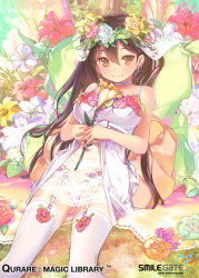 Rule 34 | 1girl, black hair, breasts, collarbone, company name, copyright name, earrings, flower, garter straps, green flower, hair between eyes, hair flower, hair ornament, head wreath, jewelry, lily (flower), lingerie, long hair, looking at viewer, navel, own hands together, panties, popqn, qurare magic library, smile, solo, thighhighs, underwear, very long hair, watermark, web address, white panties, white thighhighs