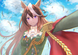 Rule 34 | 1girl, animal ears, answering, blue sky, breasts, brown hair, cape, cloud, commentary request, day, epaulettes, green jacket, highres, horse ears, horse girl, jacket, light smile, long hair, military, military jacket, military uniform, multicolored hair, outdoors, outstretched arm, purple eyes, red cape, selfie, sky, small breasts, solo, streaked hair, symboli rudolf (umamusume), tassel, two-tone hair, umamusume, uniform, upper body, white hair, white neckwear
