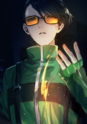 Rule 34 | 1boy, blue eyes, blue hair, film grain, fingerless gloves, fire, gloves, green gloves, green jacket, hand up, jacket, long sleeves, looking at viewer, male focus, matches, orange-tinted eyewear, parted lips, persona, persona 3, shirato jin, short hair, solo, sunglasses, sunorsa, tinted eyewear, upper body