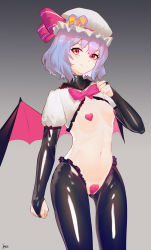 Rule 34 | 1girl, absurdres, bad id, bad pixiv id, bat wings, black gloves, black legwear, blue hair, bow, bowtie, breasts, bridal gauntlets, closed mouth, fang, fang out, gloves, hat, hat ribbon, heart pasties, highres, looking at viewer, luomo, medium hair, meme attire, mob cap, pasties, puffy sleeves, red eyes, red ribbon, remilia scarlet, revealing clothes, reverse bunnysuit, reverse outfit, ribbon, shiny clothes, small breasts, smile, solo, touhou, white hat, wings