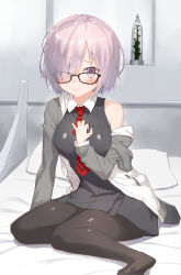 Rule 34 | 1girl, black-framed eyewear, black pantyhose, breasts, come hither, commentary request, fate/grand order, fate (series), glasses, hair over one eye, highres, jonsun, large breasts, long sleeves, looking at viewer, mash kyrielight, meme, necktie, off shoulder, pantyhose, pillow, purple eyes, purple hair, red necktie, short hair, solo, they had lots of sex afterwards (meme)