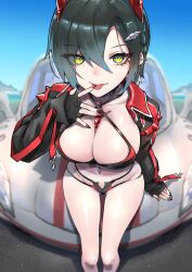 Rule 34 | 1girl, azur lane, black hair, blue sky, breasts, car, cleavage, ear piercing, finger to tongue, hair between eyes, hair ornament, highres, jacket, large breasts, looking at viewer, medium hair, midriff, motor vehicle, navel, navel piercing, open clothes, open jacket, piercing, race queen, signature, sitting on car, sky, spikes, strap, take yaki, thighs, tongue, tongue out, tongue piercing, ulrich von hutten (azur lane), ulrich von hutten (ignition matrician) (azur lane), yellow eyes