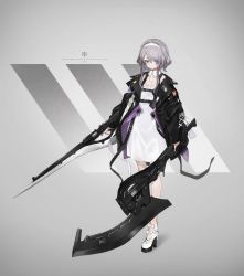 Rule 34 | 1girl, a-z e (neco), also sprach zarathustra (neco), closed mouth, dress, dual wielding, full body, grey background, grey hair, gunblade, hair over one eye, hairband, high heels, highres, holding, holding weapon, jacket, looking at viewer, neco, original, purple eyes, short hair, short hair with long locks, simple background, solo, standing, trigger discipline, weapon, white dress, white hairband