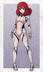 Rule 34 | 1girl, android, breasts, chuunioniika, cleavage, commentary, drill hair, drill kill, english commentary, fearless night, full body, hair between eyes, highres, long hair, medium breasts, no toes, original, photoshop (medium), quad drills, red eyes, red hair, solo, standing, symbol-shaped pupils