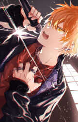 Rule 34 | 1boy, absurdres, black jacket, blonde hair, commentary request, earrings, find a way out (project sekai), hair between eyes, highres, holding, holding microphone, jacket, jewelry, kuuu ilst, long sleeves, male focus, microphone, multicolored hair, necklace, official alternate costume, open mouth, orange eyes, orange hair, project sekai, red shirt, ring, shinonome akito, shirt, short hair, solo, streaked hair, tears, teeth, upper body, upper teeth only
