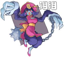 Rule 34 | 1girl, :d, ball and chain (weapon), blue skin, blush stickers, border, bow, breasts, bright pupils, chain, chinese clothes, claw (weapon), cleavage, cleavage cutout, clothing cutout, colored skin, commentary, dress, fang, flats, flipped hair, full body, grey background, hat, jiangshi, kasa (hitori sanka), lei lei, long sleeves, ofuda, open mouth, orange eyes, outside border, outstretched arms, pants, pink dress, pink footwear, pink hat, puffy pants, purple hair, purple pants, qingdai guanmao, red eyes, short hair, simple background, smile, solo, spiked ball and chain, swept bangs, translation request, vampire (game), waist bow, weapon, white border, white pupils, yellow bow