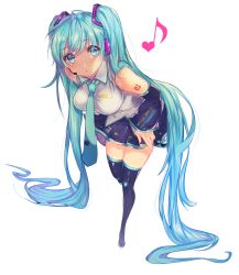 Rule 34 | 1girl, absurdly long hair, black skirt, black thighhighs, blue eyes, blue hair, blue necktie, breasts, full body, hatsune miku, heart, highres, kimpeul, large breasts, long hair, looking at viewer, musical note, necktie, skirt, solo, thighhighs, tie clip, twintails, very long hair, vocaloid