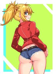 Rule 34 | 1girl, ass, blonde hair, blush, breasts, butt crack, commission, contemporary, cougar (cougar1404), denim, denim shorts, fate/grand order, fate (series), from behind, green eyes, grin, long hair, looking at viewer, looking back, mordred (fate), mordred (fate/apocrypha), mordred (memories at trifas) (fate), ponytail, shiny clothes, shiny skin, short shorts, shorts, sideboob, skeb commission, smile, solo, wedgie