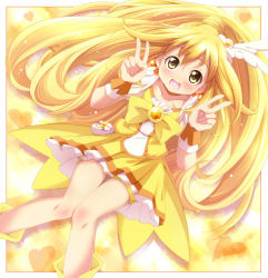 Rule 34 | 10s, 1girl, blonde hair, blush, bow, cure peace, double v, hair flaps, kise yayoi, knees together feet apart, long hair, magical girl, ponytail, precure, shorts, shorts under skirt, skirt, smile precure!, solo, sui. (ayase), v, wide ponytail, yellow background, yellow bow, yellow eyes, yellow skirt, yellow theme