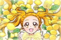 Rule 34 | 1girl, blonde hair, bow, food, fruit, kasugano urara (yes! precure 5), lemon, long hair, maub pencil, open mouth, precure, short bangs, smile, solo, twintails, yellow bow, yellow eyes, yes! precure 5
