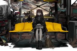 Rule 34 | ..., 1girl, air conditioner, animal request, bag, bag on lap, bench, black coat, black shirt, boots, broom, brown hair, cloud, cloudy sky, coat, collared shirt, commentary request, dress shirt, expressionless, full body, highres, long hair, narue, neck ribbon, original, outdoors, purple eyes, ribbon, shirt, shoulder bag, sitting, sky, skyline, solo, train station platform, white ribbon