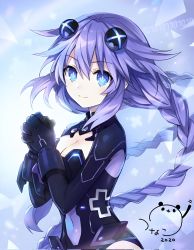 Rule 34 | 1girl, blue eyes, bodysuit, braid, breasts, cleavage, cleavage cutout, clothing cutout, hair between eyes, hair ornament, highres, looking at viewer, medium breasts, navel, neptune (neptunia), neptune (series), official art, power symbol-shaped pupils, purple hair, purple heart (neptunia), smile, solo, symbol-shaped pupils, third-party source, tsunako, twin braids