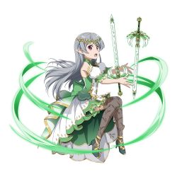 Rule 34 | 1girl, circlet, detached sleeves, floating hair, full body, grey thighhighs, high heels, highres, invisible chair, long hair, official art, open mouth, plaid, plaid legwear, pleated skirt, pointy ears, pumps, red eyes, seven (sao), short sleeves, silver hair, sitting, skirt, solo, sword, sword art online, thighhighs, transparent background, very long hair, weapon, white skirt, white sleeves
