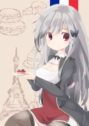 Rule 34 | 1girl, azur lane, bad id, bad pixiv id, black jacket, breasts, brown thighhighs, butterfly hair ornament, cheese, cleavage, dunkerque (azur lane), eiffel tower, food, french flag, grey hair, hair ornament, highres, holding, holding plate, jacket, large breasts, looking to the side, macaron, peko pekon, plate, red eyes, simple background, skirt, solo, thighhighs, white skirt