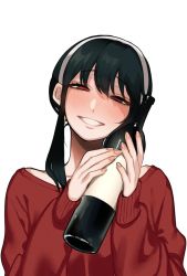 Rule 34 | 1girl, black hair, blush, bottle, hairband, highres, holding, holding bottle, looking at viewer, red eyes, red sweater, simple background, smile, solo, spy x family, sweater, tsumujikaze74, upper body, white background, wine bottle, yor briar