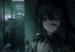 Rule 34 | 1girl, asano (kazusasn), black hair, ceiling light, close-up, closed mouth, collar, expressionless, eyelashes, facing viewer, frilled collar, frills, grey eyes, greyscale, hallway, hiding, highres, holding, holding sword, holding weapon, horror (theme), long hair, looking to the side, monochrome, monster, original, see-through ribbon, solo focus, splatter, sword, tentacles, tile wall, tiles, weapon
