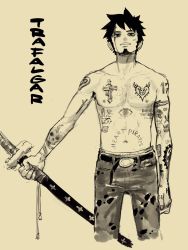 Rule 34 | 1boy, arm tattoo, beard, belt, blood, blood on face, body writing, chest tattoo, commentary, cross, cross tattoo, earrings, edpan, english commentary, english text, facial hair, heart, heart tattoo, highres, holding, holding sword, holding weapon, jewelry, katana, latin cross, looking at viewer, male focus, navel, one piece, pants, parted lips, scabbard, sheath, sheathed, short hair, simple background, solo, standing, sword, tattoo, topless male, trafalgar law, weapon, yellow background, yellow theme