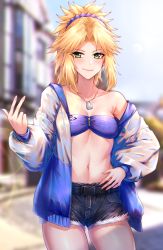 Rule 34 | 1girl, absurdres, blonde hair, blue shorts, blush, breasts, cutoff jeans, cutoffs, denim, denim shorts, dog tags, eyes visible through hair, fate/grand order, fate (series), green eyes, hand on own hip, happy, heart, heart-shaped pupils, highres, hua-j, mordred (fate), mordred (fate/apocrypha), navel, open clothes, short hair, short ponytail, short shorts, shorts, small breasts, smile, solo, symbol-shaped pupils